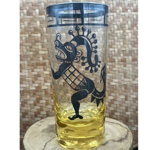 Vtg MCM Mayan Aztec Highball Glasses yellow Base Silver Greek Key Rim Set of 4